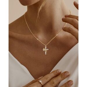 Anthropologie Diamond Cross and Gold Crown Dainty Necklace
